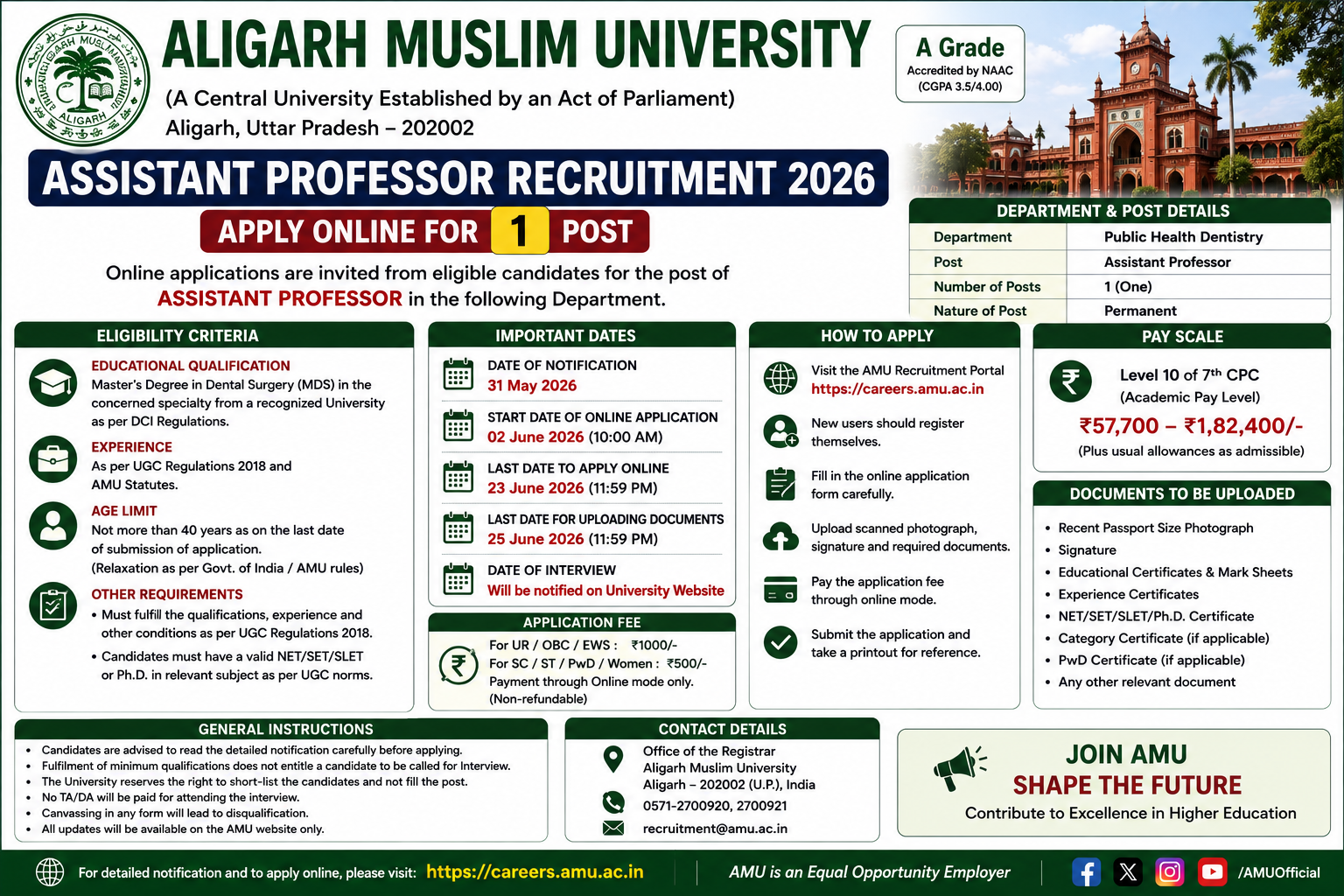 AMU Assistant Professor Recruitment 2026 – Apply Online for 1 Post