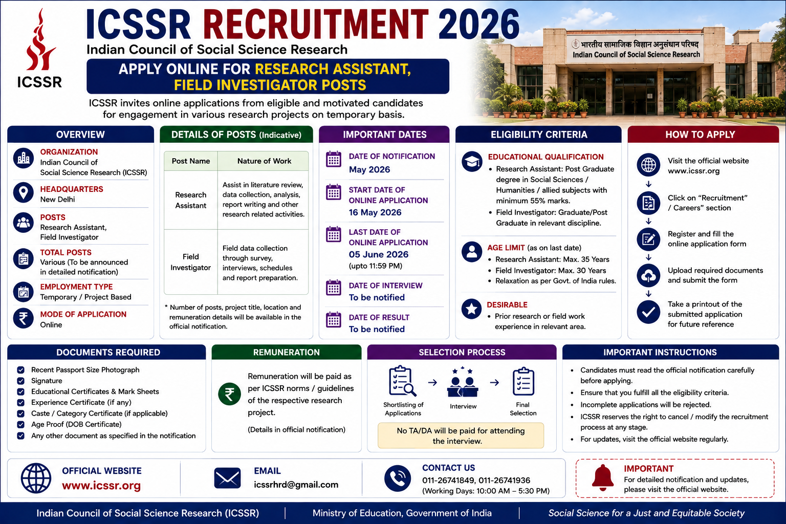 Indian Council of Social Science Research (ICSSR) has published the Research Assistant and Field Investigator Notification 2026. The recruitment drive aims to fill 5 Research Assistant and Field Investigator positions. Candidates holding a Post Graduate degree in a Social Science discipline with a minimum of 55% marks, with NET/ M.Phil/ Ph.D. qualification as applicable, are eligible to apply through email up to 02 September 2026. The official notification PDF and application details are available below. ICSSR Recruitment 2026 - Overview Company Name Indian Council of Social Science Research (ICSSR) Post Name Research Assistant and Field Investigator No of Posts 5 Salary Rs. 20000 - 37000 Per Month Qualification Post Graduate in Social Science discipline with NET/ M.Phil/ Ph.D. Last Date 02 September 2026 Apply Mode Email Job Type Contractual Register for Job Alerts ICSSR Vacancy 2026 Notification PDF Candidates should download and read the ICSSR Jobs 2026 notification PDF carefully to check vacancy details, eligibility, age limit, and application instructions. The notification also includes important dates and selection process details. The direct download link is available in the Important Links section below. Download ICSSR Job 2026 Notification PDF ICSSR Recruitment 2026 - Vacancy Details A total of 5 vacancies are available - 1 for Research Assistant and 4 for Field Investigator. Post Name Total Posts Research Assistant 1 Field Investigator 4 Total 5 🔔 Never Miss a Govt Job Again! ⚡ Get Custom Govt Job Alerts by Your Qualification (10TH | 12TH | Diploma | ITI | Graduate, Etc) Join Now ICSSR Recruitment 2026 - Eligibility Criteria Research Assistant: Post graduate in Social Science discipline with minimum 55% with NET/ M.Phil/ Ph.D. Field Investigator: Post Graduate in Social Science discipline with minimum 55% marks ICSSR Recruitment 2026 - Salary / Stipend Research Assistant: Rs.37,000/ - p.m Field Investigator: Rs.20,000/ - p.m ICSSR Recruitment 2026 - Important Dates Event Date Last Date to Apply 02 September 2026 ICSSR Recruitment 2026 - Selection Process Shortlisting Interview How to Apply Candidates who wish to apply for ICSSR Various Posts Recruitment 2026 via email should follow the steps below. Read the official notification carefully before applying. Prepare your application with complete bio-data including personal details, educational qualifications, and experience. Attach self-attested copies of all required documents such as educational certificates, experience certificates, ID proof, and recent passport-size photographs. Clearly mention the post applied for in the subject line of the email. Send the complete application to the official email address mentioned in the notification. Ensure the email is sent before the last date: 02-09-2026. Keep a copy of the sent email for future reference. ICSSR Recruitment 2026 - Important Links Official Notification PDF Click here Official Website Click here FOLLOW US WhatsApp Telegram Instagram YouTube Select Freejobalert ICSSR Research Assistant and Field Investigator Recruitment 2026 - FAQs Q1. What is the last date to apply for ICSSR Recruitment 2026? The last date to submit your application via email for the ICSSR Research Assistant and Field Investigator posts is 02 September 2026. Q2. How many vacancies are available in ICSSR Recruitment 2026? There are a total of 5 vacancies announced for the Research Assistant and Field Investigator positions in the Indian Council of Social Science Research. Q3. What is the educational qualification required for Field Investigator? For the Field Investigator position, candidates must have a Post Graduate degree in a Social Science discipline with a minimum of 55% marks. Q4. What is the salary for a Research Assistant at ICSSR? The selected candidate for the Research Assistant post will receive a monthly salary of Rs. 37,000/-. Q5. Is there an application fee for ICSSR Recruitment 2026? No, there is no application fee mentioned for any category (General/OBC, SC/ST) for this recruitment drive. Q6. What is the selection process for these ICSSR posts? The selection process for the Research Assistant and Field Investigator roles will involve shortlisting of applications followed by an interview. Q7. How should candidates apply for the ICSSR vacancies? Eligible candidates need to send their complete application along with required documents via email before the last date. Q8. What is the job type for these positions? The positions of Research Assistant and Field Investigator at ICSSR are contractual in nature. Q9. Where is the ICSSR located? The Indian Council of Social Science Research (ICSSR) is located in Delhi. Q10. What is the minimum percentage required in Post Graduation for Field Investigator? Candidates need to have secured a minimum of 55% marks in their Post Graduation in a Social Science discipline to be eligible for the Field Investigator role.