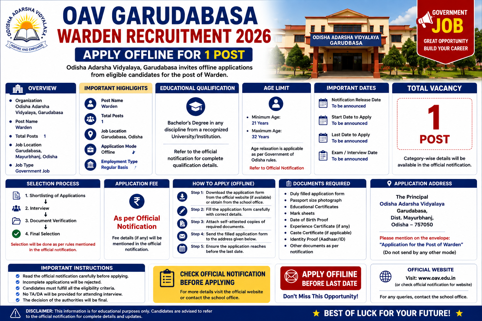 OAV Garudabasa Warden Recruitment 2026 – Apply Offline for 1 Post