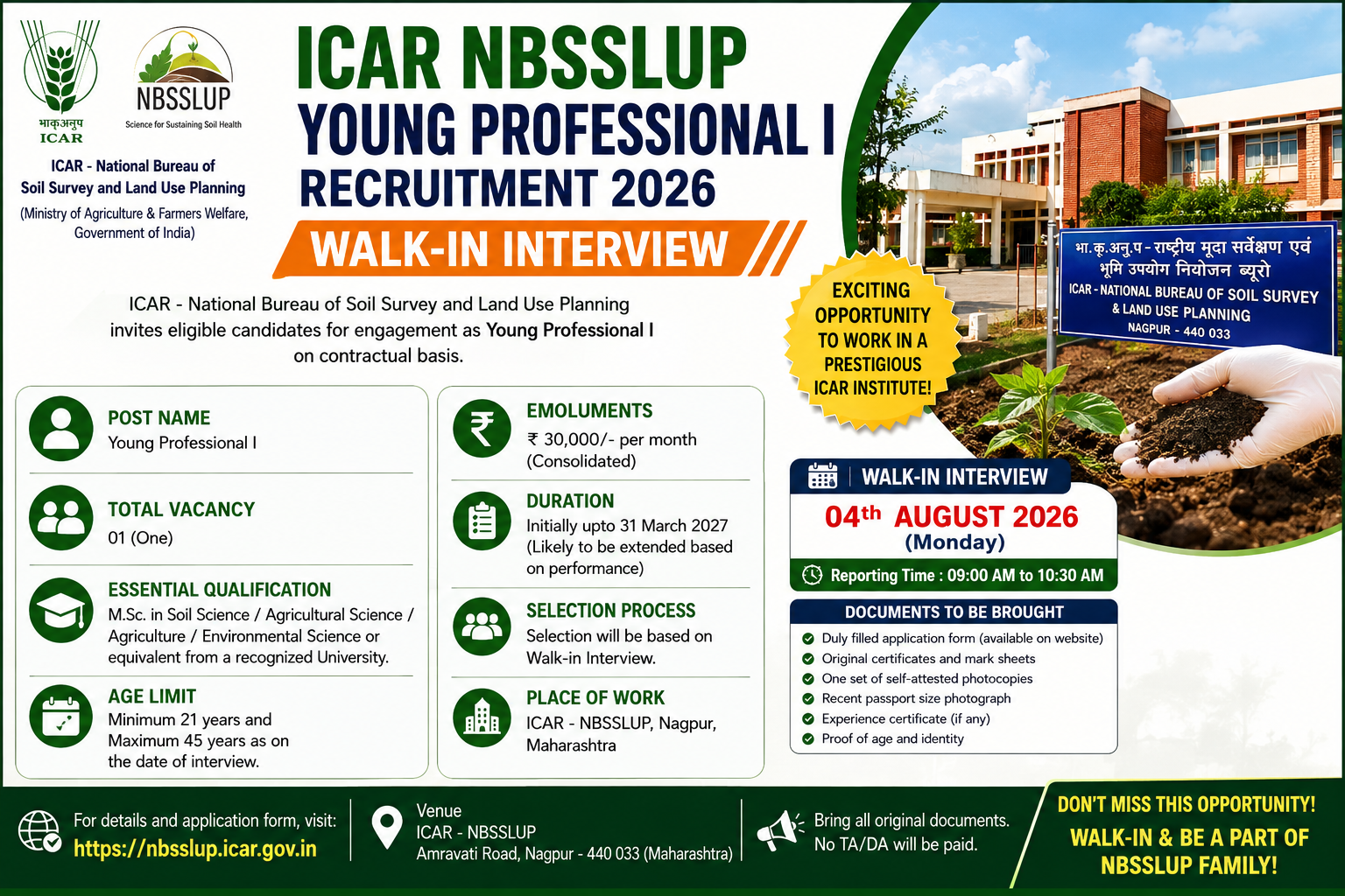 ICAR NBSSLUP Young Professional I Recruitment 2026 – Walk-in