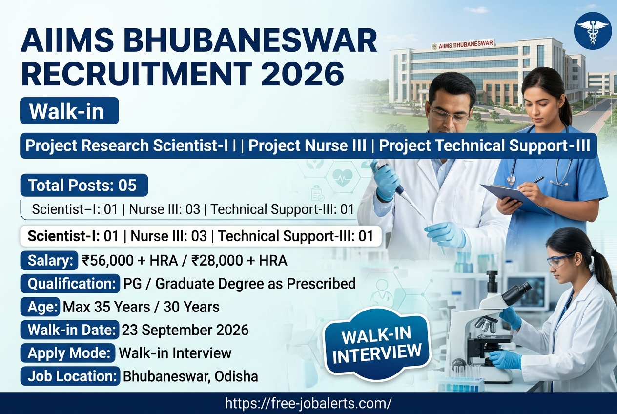 AIIMS Bhubaneswar Recruitment 2026 – Walk-in for Project Research Scientist-I, Project Nurse III & Project Technical Support-III