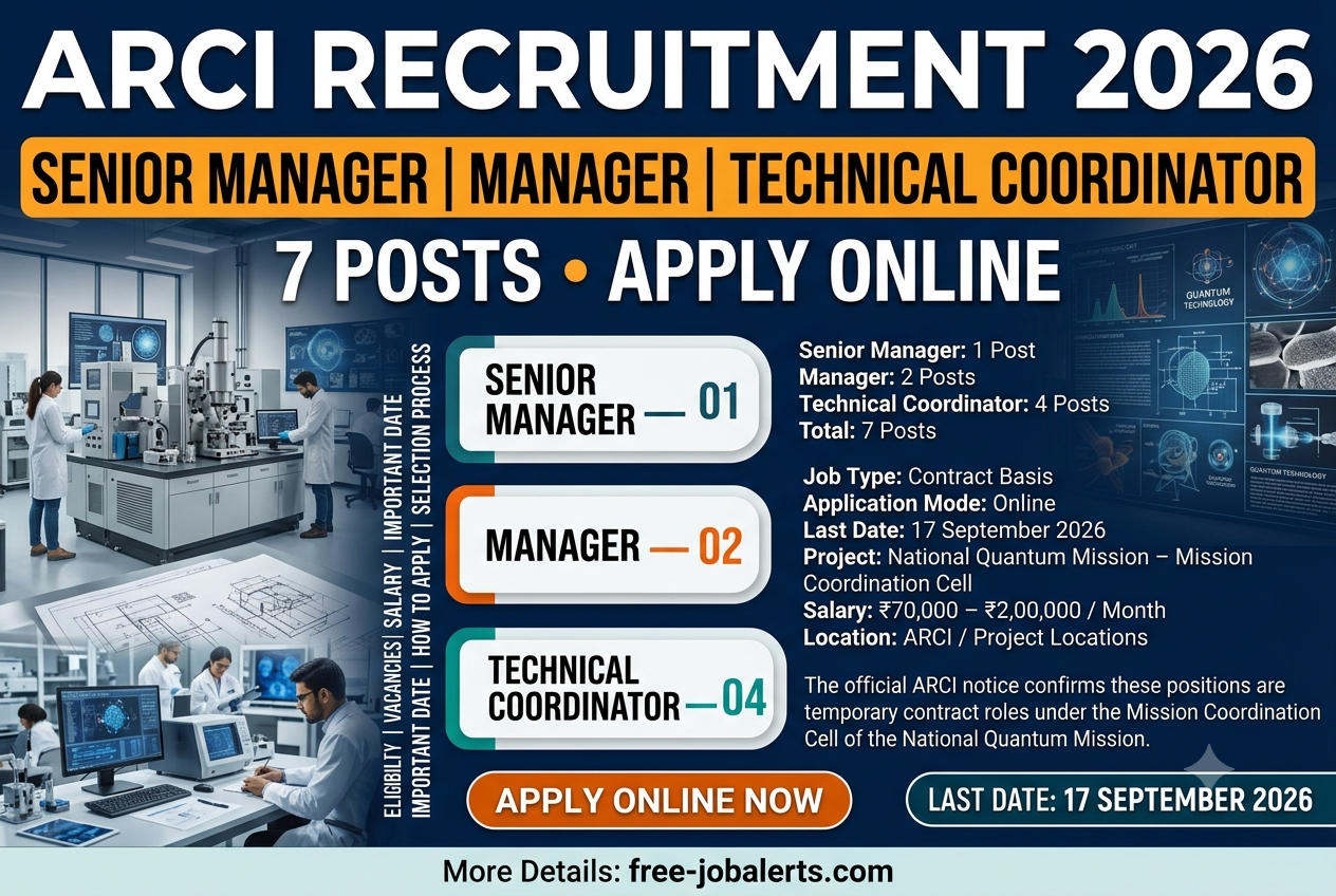 ARCI Recruitment 2026 - Apply Online for 7 Senior Manager, Manager & Technical Coordinator Posts