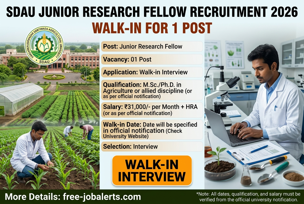 SDAU Junior Research Fellow Recruitment 2026 - Walk-in for 1 Post