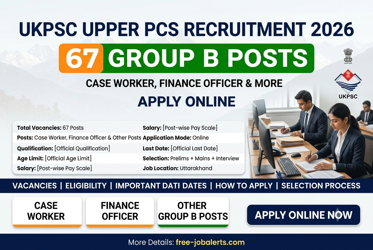 UKPSC Upper PCS Group B Recruitment 2026: Apply online for 67 Case Worker, Finance Officer and other posts from 09 to 29 September 2026 at psc.uk.gov.in.
