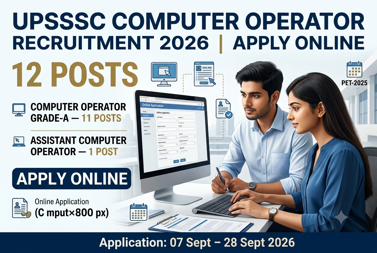Image Generation Prompt — 1200×800Prompt:Create a professional, modern Indian government recruitment news graphic in 1200×800 px landscape format for “UPSSSC Computer Operator Recruitment 2026”. Show a young Indian male and female computer operator/job aspirants sitting at a modern desktop computer, filling out an online government job application form. Include a realistic computer monitor displaying a generic online application interface, keyboard, documents, digital recruitment icons, and subtle Uttar Pradesh government-office inspired architecture in the background. Use a clean professional blue, white and subtle gold visual theme, strong contrast, premium news-portal style, realistic photography blended with modern graphic design, sharp details, balanced composition, 4K-quality appearance.Prominently display clean, highly readable text:UPSSSC COMPUTER OPERATOR RECRUITMENT 202612 POSTSCOMPUTER OPERATOR GRADE-A – 11 POSTS
ASSISTANT COMPUTER OPERATOR – 1 POSTAPPLY ONLINEApplication: 07 Sept – 28 Sept 2026Add small supporting visual elements such as a computer icon, online application form, recruitment document, calendar icon and “PET-2025” reference. Make the “12 POSTS” and “APPLY ONLINE” visually prominent. Keep the layout uncluttered and suitable for a professional job/recruitment website thumbnail.No government emblem, no official UPSSSC logo, no watermark, no copyrighted branding, no fake seals, no distorted text, no extra people, no unnecessary decorative elements. Ensure all visible text is correctly spelled and clearly readable.Details to Highlight
Organization: UPSSSC
Posts: Computer Operator Grade-A & Assistant Computer Operator
Total Vacancies: 12
Computer Operator Grade-A: 11
Assistant Computer Operator: 1
Application Mode: Online
Application Start: 07 September 2026
Last Date: 28 September 2026
Recruitment: Mahadhivakta Karyalaya (Computer Cadre) Mains Examination (PET-2025)Recommended image headline:
UPSSSC COMPUTER OPERATOR RECRUITMENT 2026 | 12 POSTS | APPLY ONLINE
