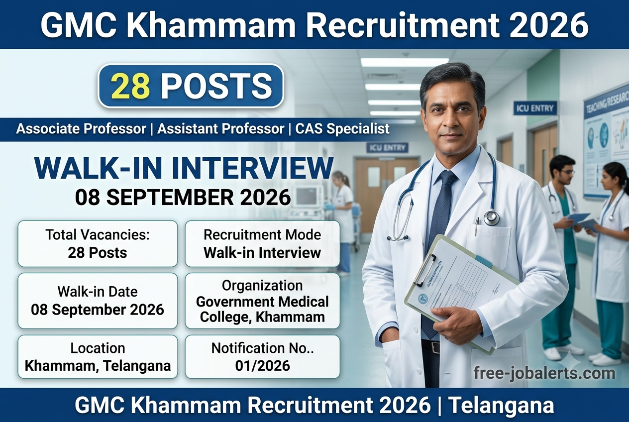 Government Medical College Khammam (GMC Khammam) has released the GMC Khammam Recruitment 2026 notification for 28 vacancies for Associate Professor, Assistant Professor and CAS Specialist under ICU posts. Eligible medical professionals can attend the walk-in interview on 08 September 2026 at the designated venue. GMC Khammam has issued the official Associate Professor, Assistant Professor & CAS Specialist under ICU Recruitment 2026 notification. Candidates with MBBS and the required additional qualifications such as MD/MS/DNB/Diploma as prescribed under NMC regulations can apply. The maximum age limit is 64 years, while the monthly remuneration ranges from ₹1,00,000 to ₹1,50,000 depending on the post. The appointments will be made on a contractual basis. GMC Khammam Recruitment 2026 – Overview Particulars Details Organization Name Government Medical College Khammam (GMC Khammam) Post Names Associate Professor, Assistant Professor, CAS Specialist under ICU Total Posts 28 Advertisement No. 01/2026 Salary ₹1,00,000 – ₹1,50,000 Per Month Qualification MBBS and MD/MS/DNB/Diploma as per NMC regulations Age Limit Maximum 64 years Walk-in Date 08 September 2026 Application Mode Walk-in Interview Job Type Contract Register for Job Alerts GMC Khammam Recruitment 2026 – Notification PDF Candidates interested in the GMC Khammam various faculty and specialist posts should carefully download and read the official recruitment notification before attending the walk-in interview. The notification contains important information about the vacancies, qualifications, age limit, remuneration, application procedure, selection process and other recruitment conditions. Applicants should verify their eligibility and prepare the required documents according to the instructions provided in the official notification. Download GMC Khammam Recruitment 2026 Notification PDF GMC Khammam Recruitment 2026 – Vacancy Details A total of 28 posts have been announced under this recruitment drive. Post Name Total Posts Associate Professor 13 Assistant Professor 13 CAS Specialist under ICU 2 Total 28 🔔 Never Miss a Government Job Again! ⚡ Get customised government job alerts according to your qualification, including 10th, 12th, Diploma, ITI, Graduate and other categories. Join Now GMC Khammam Recruitment 2026 – Eligibility Criteria The educational qualifications differ according to the post. Candidates must meet the applicable NMC requirements. Associate Professor: Qualification and eligibility as prescribed under the NMC Medical Institutions (Qualifications of Faculty) Regulations, 2025. Assistant Professor: Qualification and eligibility as prescribed under the NMC Medical Institutions (Qualifications of Faculty) Regulations, 2025. CAS Specialist under ICU: MD/MS/DNB/Diploma in the concerned subject as per the applicable NMC TEQ Regulations, 2023. Candidates should check the official notification for the complete post-wise qualification and registration requirements. GMC Khammam Recruitment 2026 – Age Limit The prescribed maximum age limit for the posts is: Maximum Age: 64 years Candidates should satisfy the applicable age requirement as per the official recruitment notification. Before attending the interview, candidates can use the Age Calculator to calculate their age according to the prescribed cut-off date. GMC Khammam Recruitment 2026 – Salary The monthly remuneration varies according to the position: Post Name Salary Per Month Associate Professor ₹1,50,000/- Assistant Professor ₹1,25,000/- CAS Specialist under ICU ₹1,00,000/- GMC Khammam Recruitment 2026 – Important Dates Event Date Issue of Notification 03 September 2026 Receipt of Applications 07 September 2026 Walk-in Interview 08 September 2026 Display of Provisional List for Objections 09 September 2026 Candidates should carefully check the official notification for the reporting time and venue details before attending the interview. GMC Khammam Recruitment 2026 – Selection Process The selection process includes the following stages: Interview Merit based on qualifying examination marks Experience Publications Document Verification Candidates should carry the necessary supporting documents to establish their educational qualifications, experience and other applicable claims. Walk-in Interview Procedure Candidates who wish to participate in the GMC Khammam Recruitment 2026 walk-in interview should follow these steps: Read the official recruitment notification carefully. Check the eligibility requirements for the post you are applying for. Confirm the walk-in interview venue and reporting time from the official notification. Prepare all required original certificates and documents. Carry one set of self-attested photocopies of the required documents. Carry ID proof, educational certificates, experience certificates and category certificate, wherever applicable. Bring the duly completed application form if prescribed in the notification. Carry additional passport-size photographs if required. Reach the venue well before the reporting time to complete registration formalities. Attend the interview and document verification as instructed by the recruitment authorities. GMC Khammam Recruitment 2026 – Important Links Link Description Link Official Notification PDF Click Here Official Website Click Here Follow Us for More Job Updates WhatsApp · Telegram · Instagram · YouTube · Google Preferred Source GMC Khammam Associate Professor, Assistant Professor & CAS Specialist Recruitment 2026 – FAQs Q1. When is the GMC Khammam walk-in interview? The walk-in interview for the advertised posts is scheduled for 08 September 2026. Candidates should check the official notification for the prescribed reporting time. Q2. How many vacancies are available in GMC Khammam Recruitment 2026? There are 28 vacancies in total: 13 Associate Professor posts, 13 Assistant Professor posts and 2 CAS Specialist under ICU posts. Q3. What qualification is required for these posts? The qualifications vary by position. Generally, candidates require MBBS along with the applicable MD/MS/DNB/Diploma or other qualifications prescribed under the relevant NMC regulations. Q4. What is the maximum age limit? The maximum age limit specified for the posts is 64 years. Q5. Is there an application fee? No application fee has been mentioned for this recruitment in the provided notification details. Q6. What is the salary for the Associate Professor post? The Associate Professor position carries a monthly remuneration of ₹1,50,000/-. Q7. What is the selection process? Selection includes an interview, merit assessment based on qualifying examination marks, experience and publications, followed by document verification. Q8. Which documents should candidates carry? Candidates should carry their original documents and one set of self-attested photocopies, including ID proof, educational certificates, experience certificates and category certificates wherever applicable. Q9. Are these permanent government posts? No. The advertised positions are offered on a contractual basis. Q10. Where can I find the official GMC Khammam notification? The official recruitment notification PDF is available through the Important Links section above and on the GMC Khammam official website.