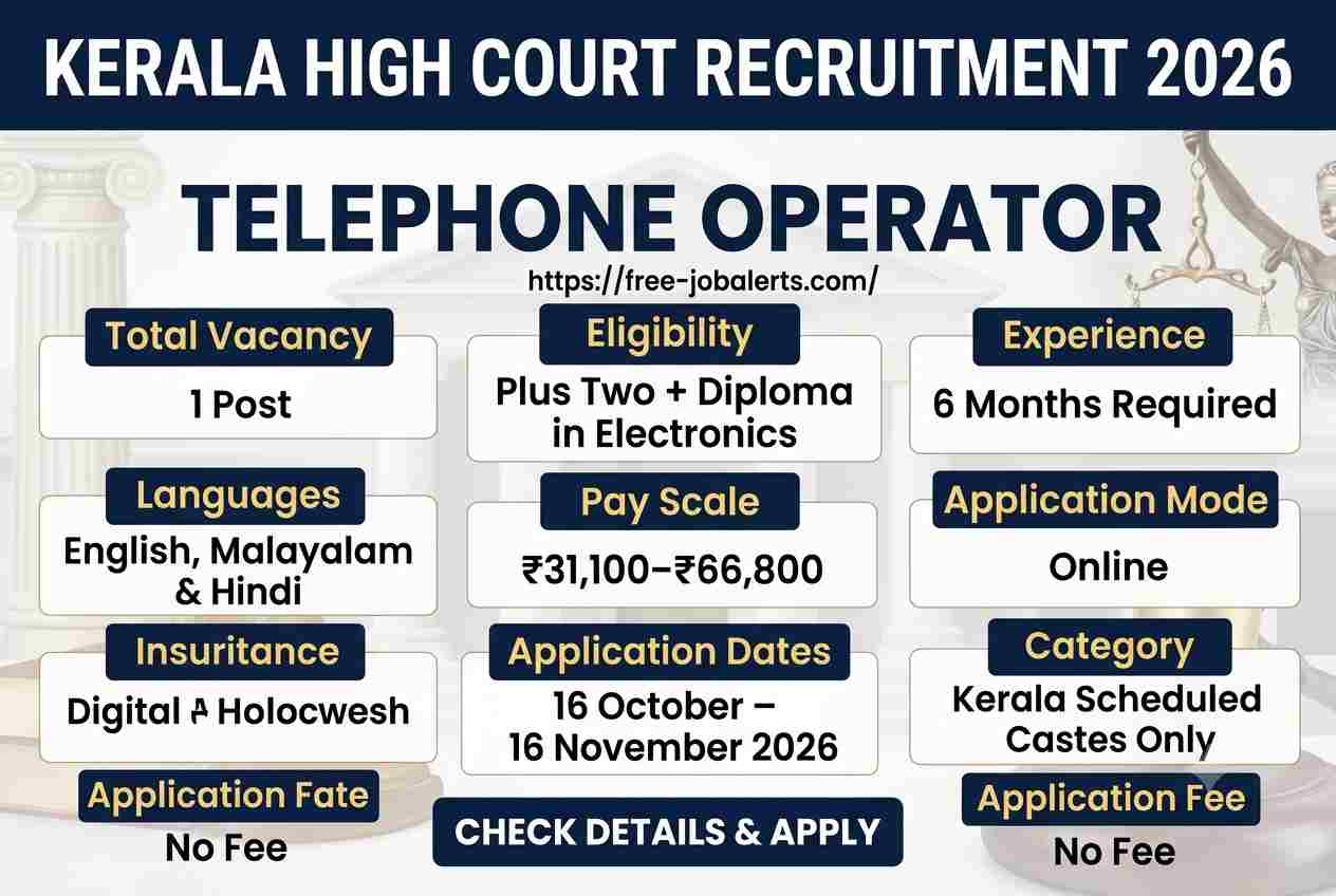 Kerala High Court Telephone Operator Recruitment 2026 – Apply Online for 1 Post
